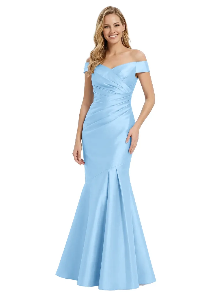 Simple V-Neck Off Shoulder Ruching Mermaid Satin Mother of the Groom Evening Dress sold by ChicSew product image thumbnail 5