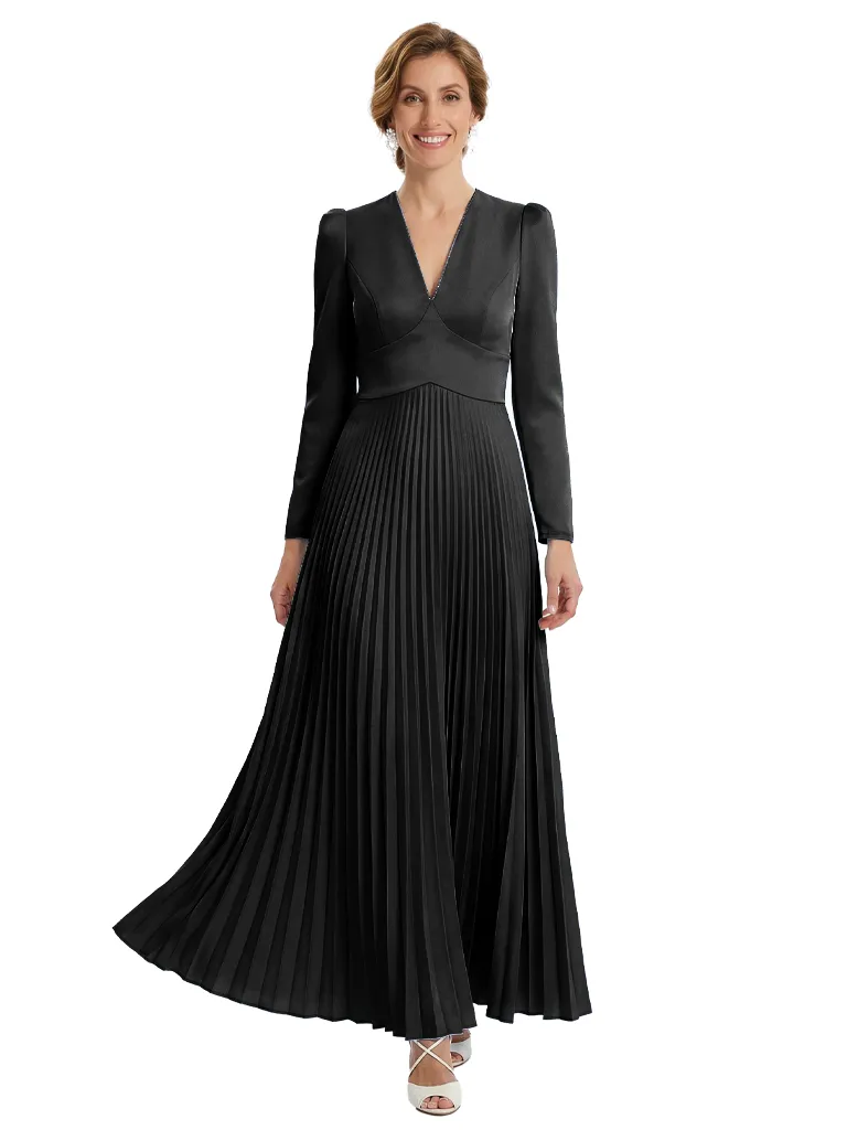 Long Sleeves V-Neck Satin Bodice Pleated Chiffon Long Mother of the Bride dresses sold by ChicSew product image thumbnail 4
