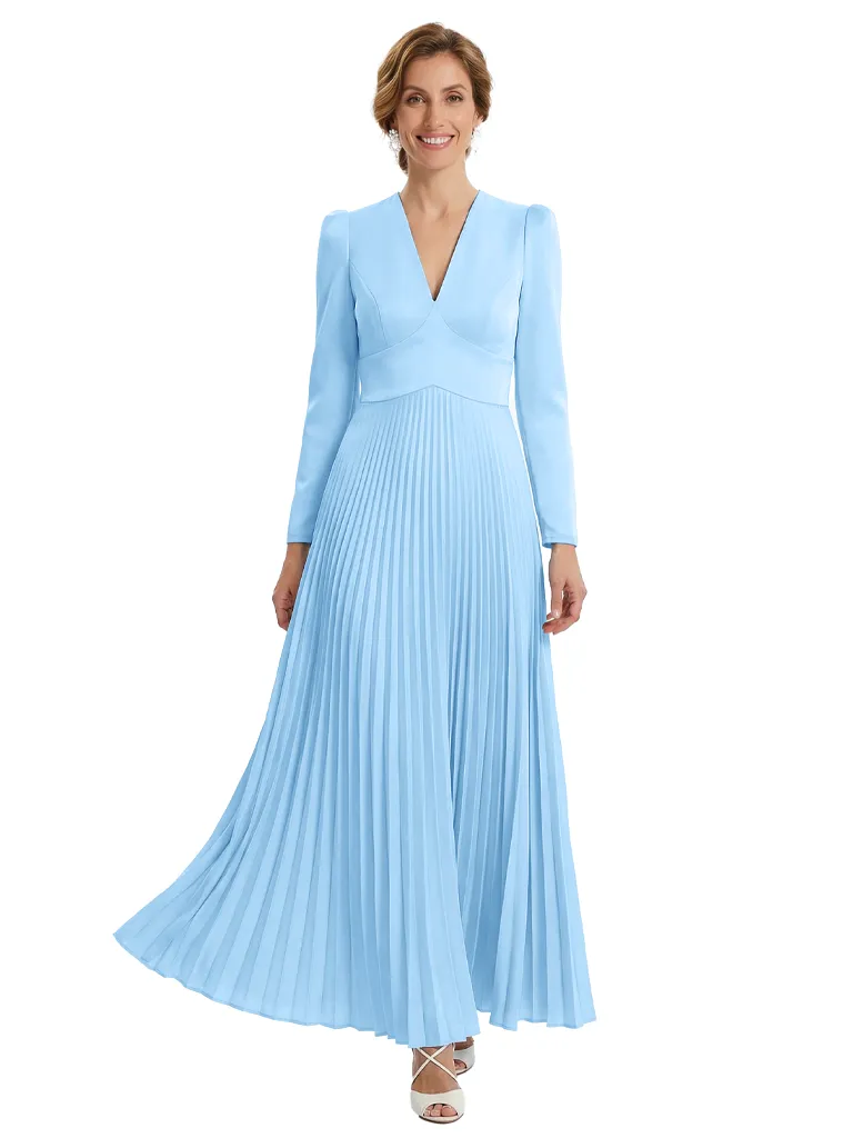 Long Sleeves V-Neck Satin Bodice Pleated Chiffon Long Mother of the Bride dresses sold by ChicSew product image thumbnail 5
