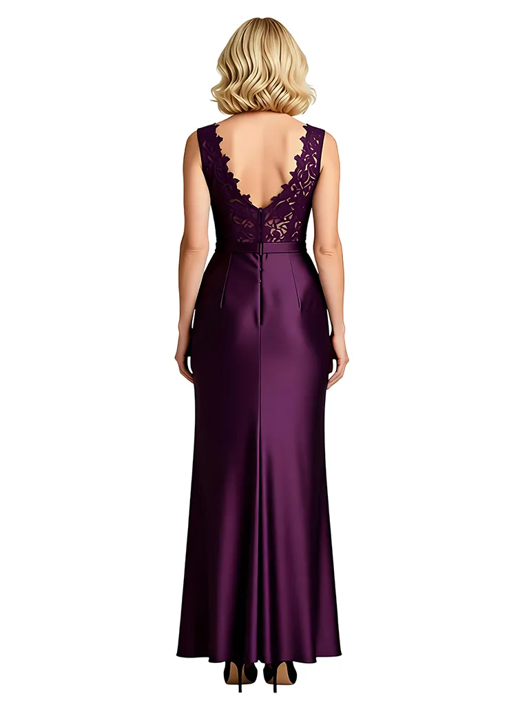 Modern Mermaid V-Neck Lace Satin Mother Of The Groom Dress With Side Slit sold by ChicSew product image thumbnail 2