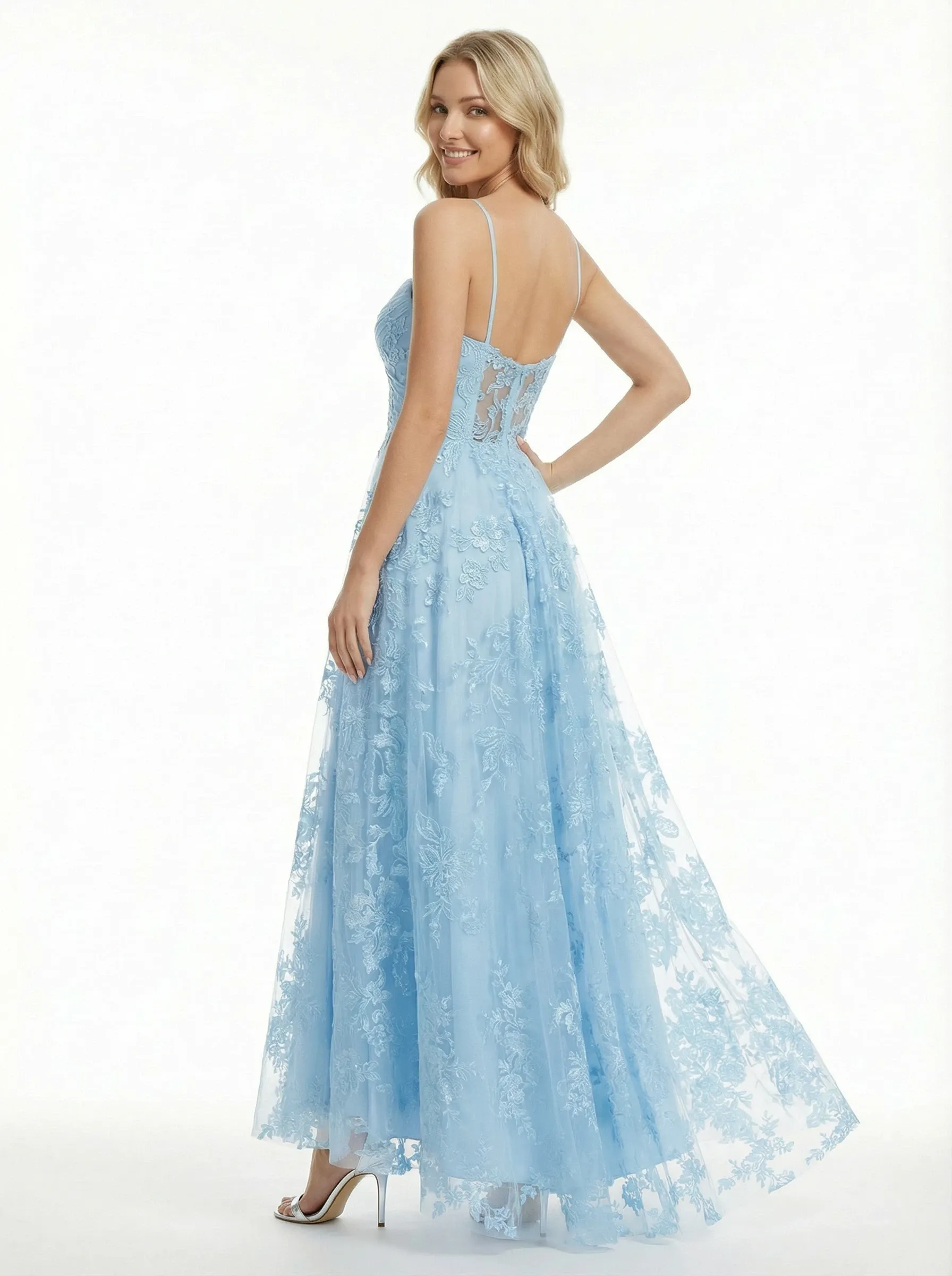 Elegant Ruched Lace Tulle A-Line Long Party Formal Dress sold by ChicSew product image thumbnail 3