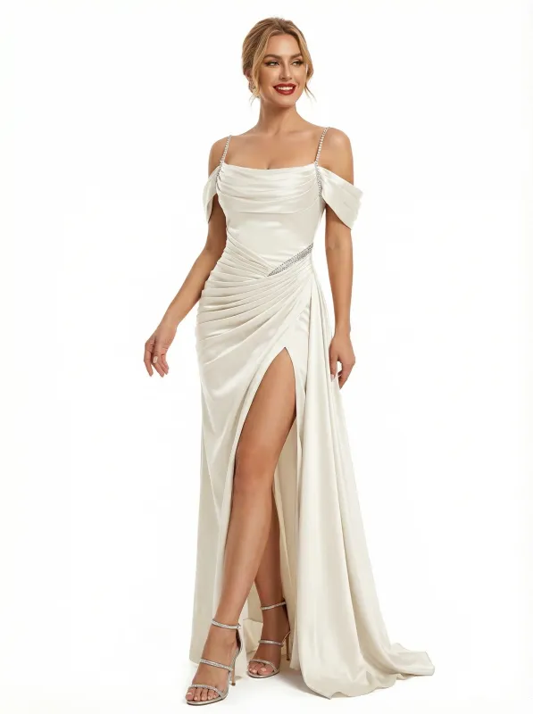 Elegant Cold Shoulder Mermaid Evening Ruched Satin Prom Dresses Side Slit sold by ChicSew