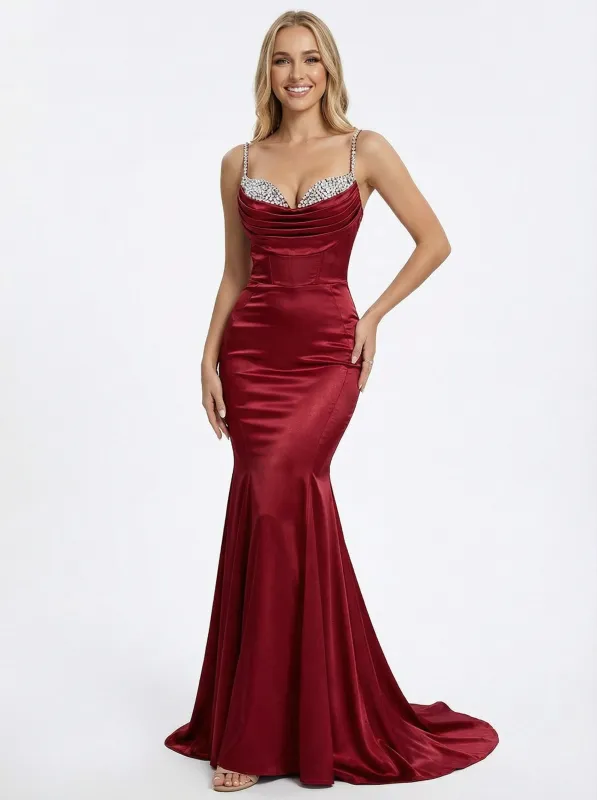 Sexy Spaghetti Straps Mermaid Beaded Long Satin Evening Prom Dresses sold by ChicSew