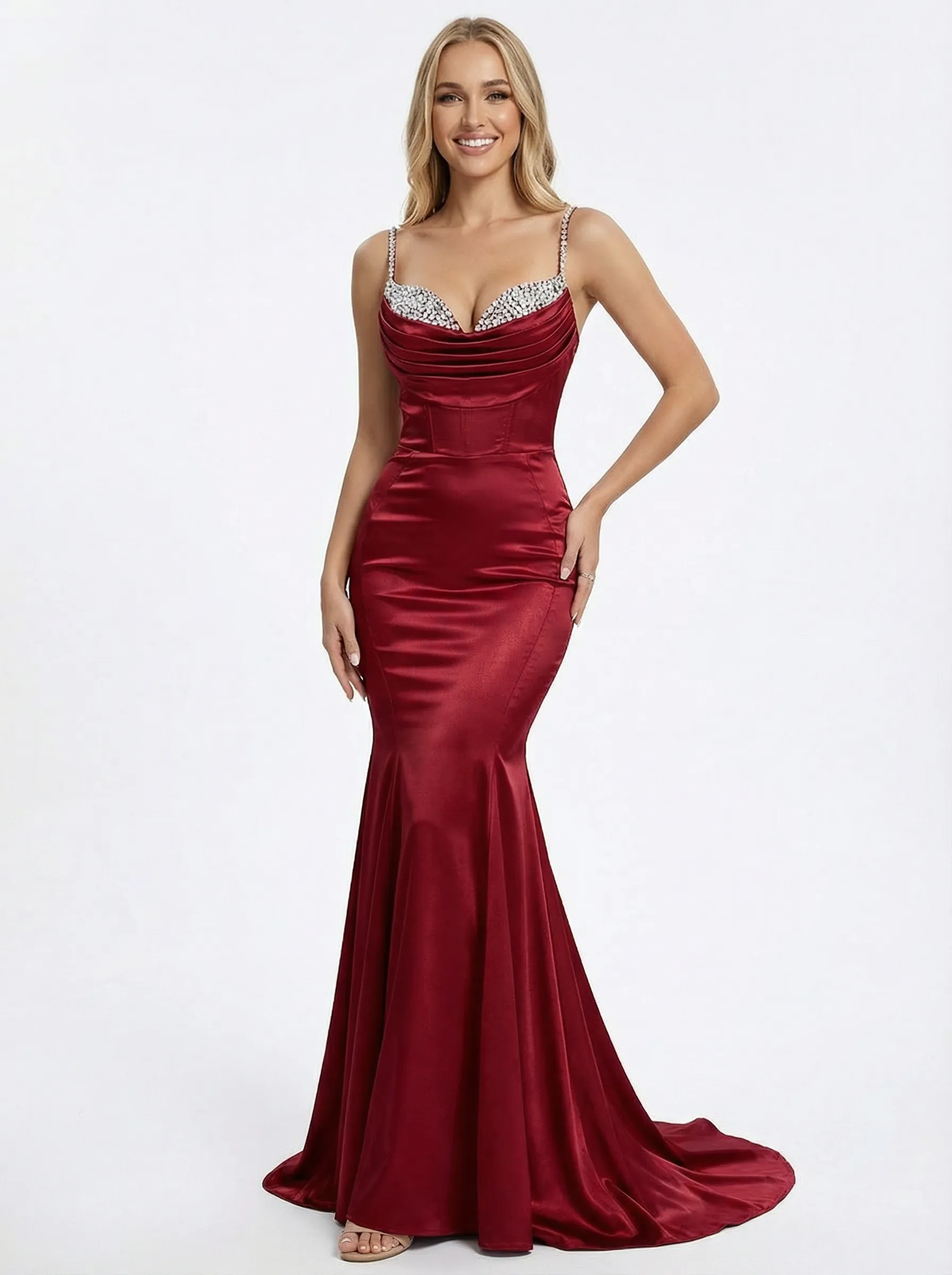 Sexy Spaghetti Straps Mermaid Beaded Long Satin Evening Prom Dresses sold by ChicSew