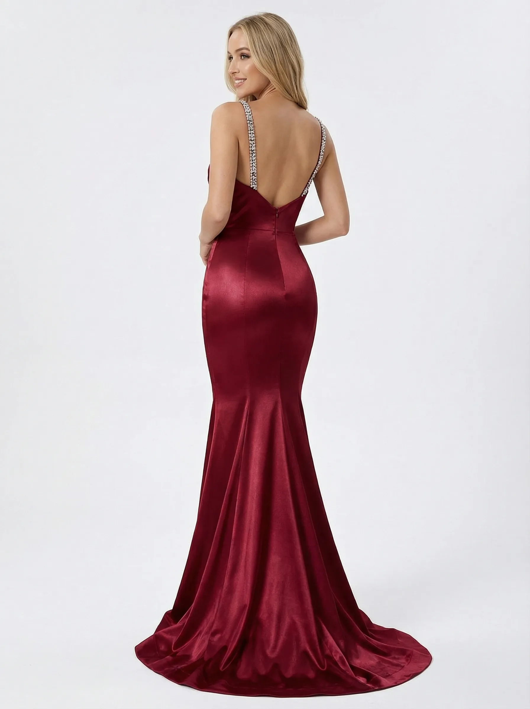 Sexy Spaghetti Straps Mermaid Beaded Long Satin Evening Prom Dresses sold by ChicSew product image thumbnail 3