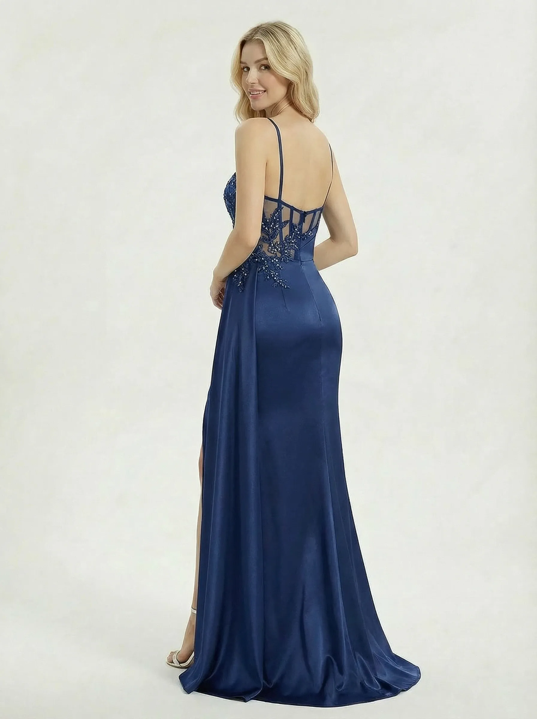 Elegant Spaghetti Strap Satin Cut Out Corset Side Slit Prom Dress With Mermaid Silhouette sold by ChicSew product image thumbnail 2