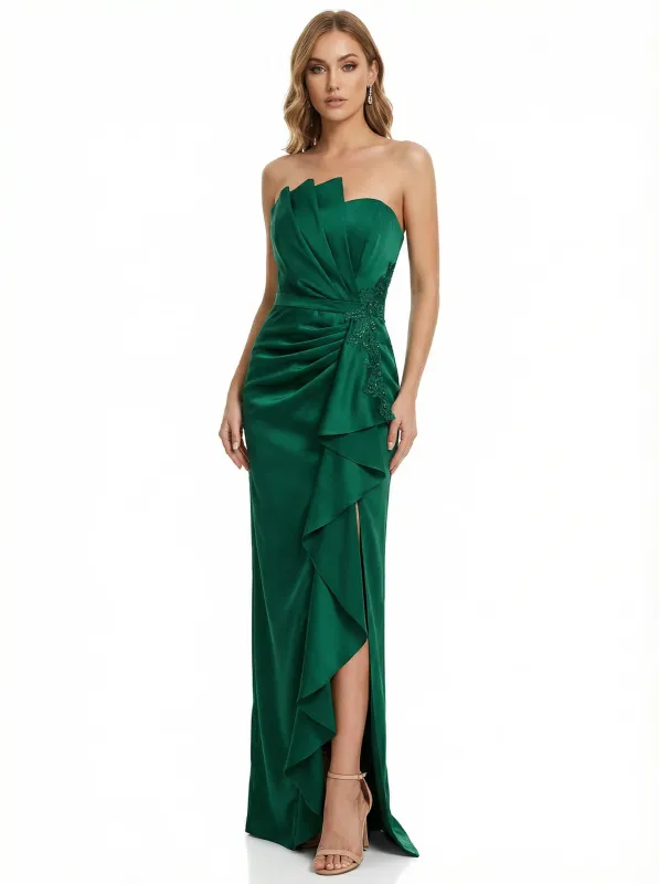Elegant Strapless Mermaid Satin Side Slit Ruffle Skirt Long Party Prom Dresses sold by ChicSew