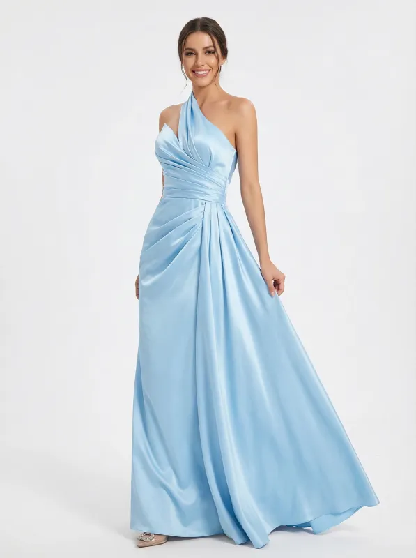 Elegant One Shoulder A-line Satin Floor Length Long Party Prom Dresses sold by ChicSew