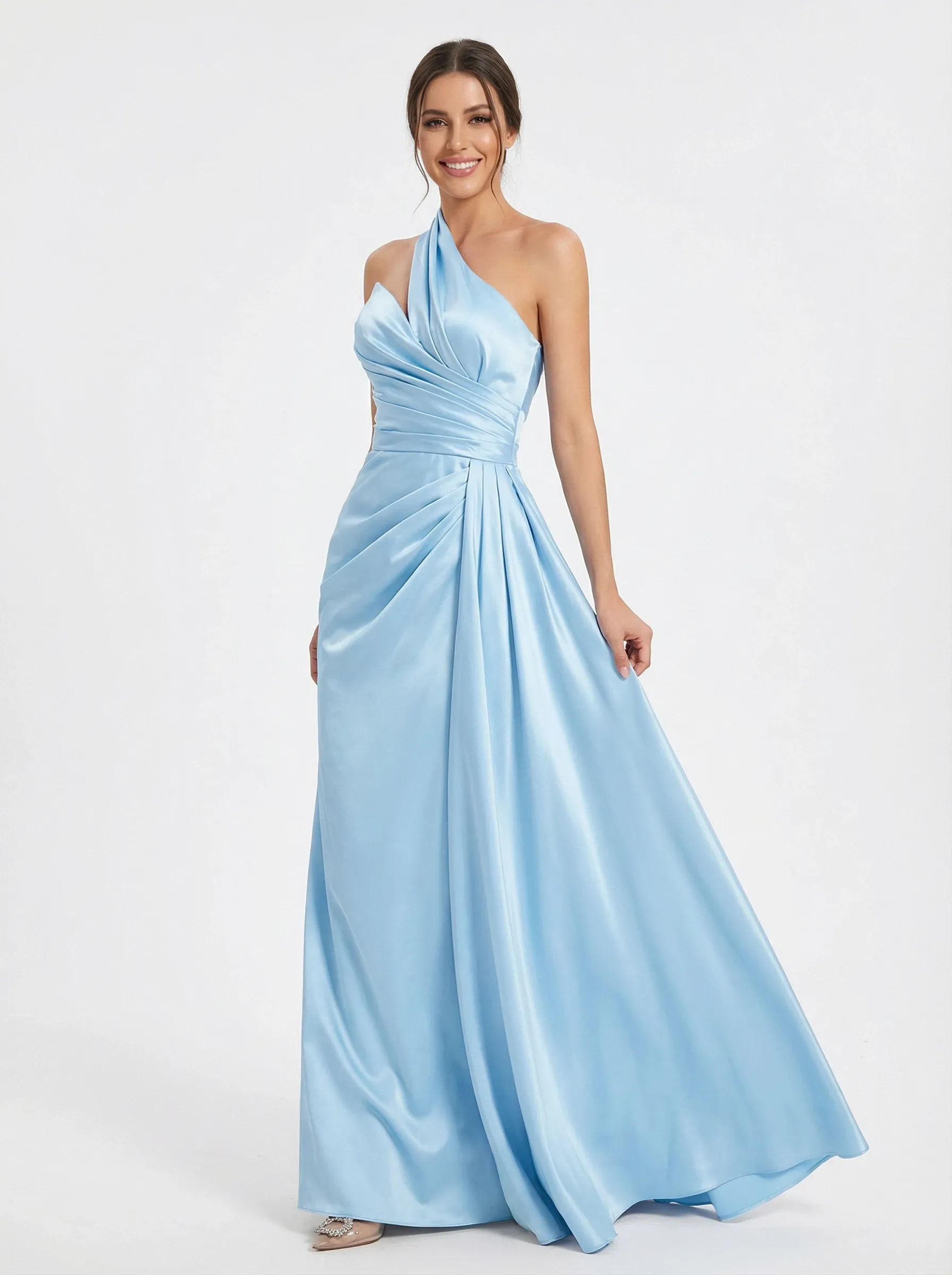 Elegant One Shoulder A-line Satin Floor Length Long Party Prom Dresses sold by ChicSew