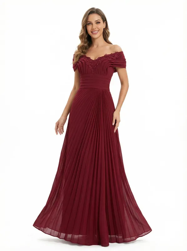 Elegant Off Shoulder A-line Pleated Chiffon Floor Length Long Party Prom Dresses sold by ChicSew