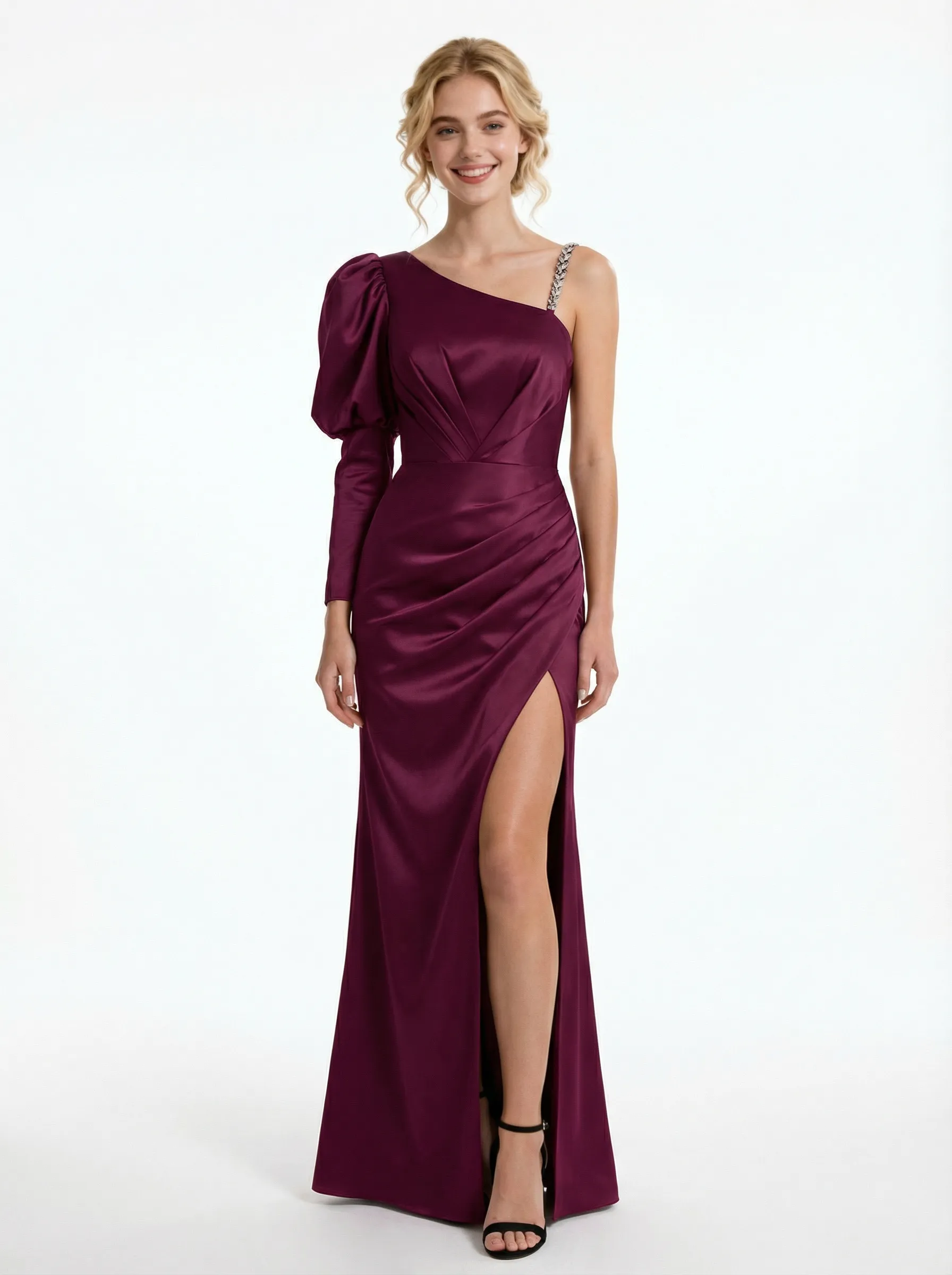 Elegant Mermaid One Sleeve Side Slit Satin Long Party Prom Dresses sold by ChicSew
