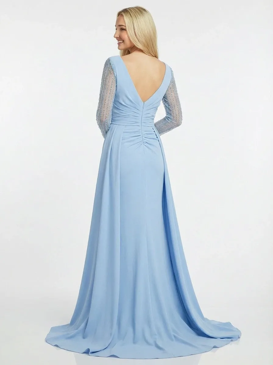 ChicSew Elegant Mermaid Long Sleeves V-neck Side Slit Long Satin Party Prom Dresses Overskirt sold by ChicSew product image thumbnail 3