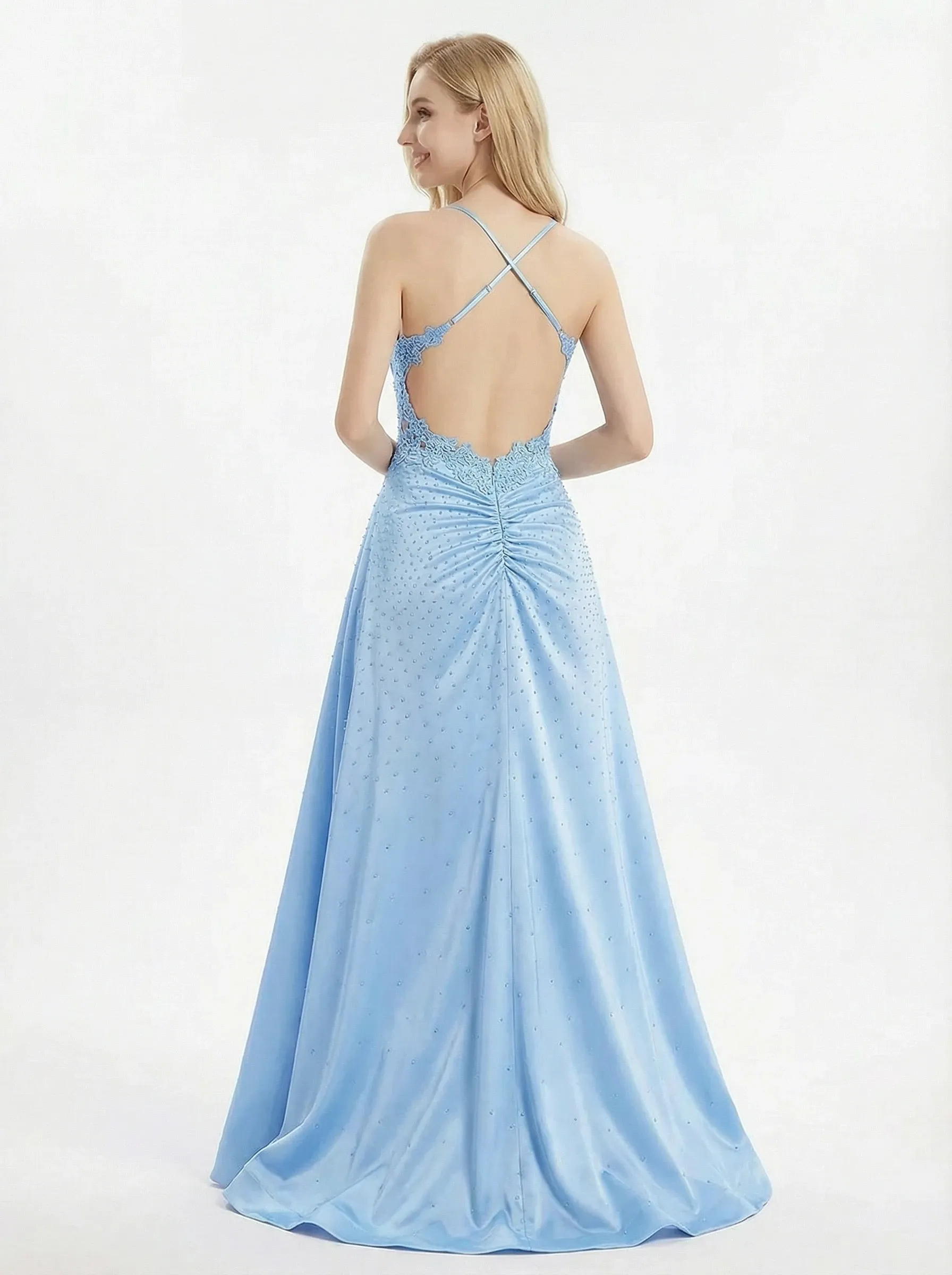 Modern Beaded Satin A-Line Evening Gown Chic Strappy Sweetheart Neck Ruched Prom Dress sold by ChicSew product image thumbnail 2