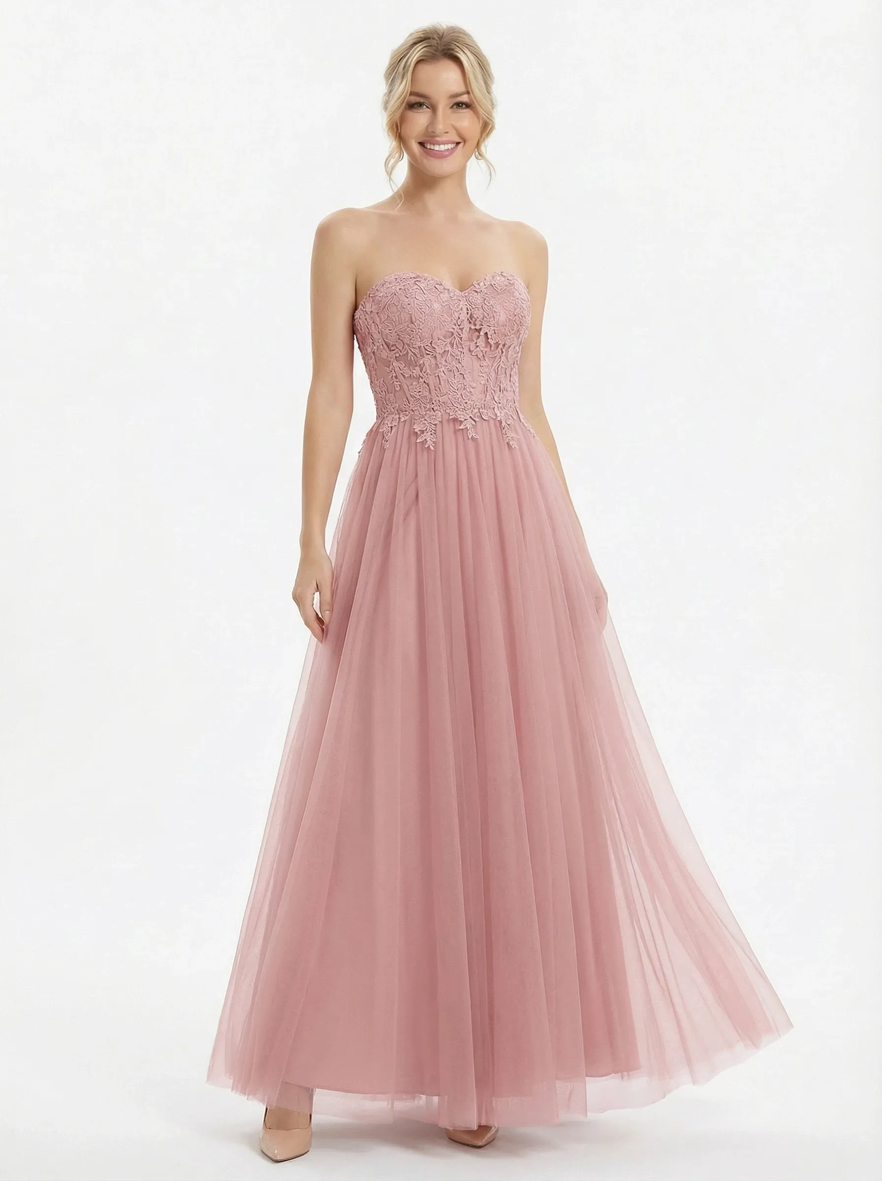 Graceful Lace Applique Strapless Tulle Ball Gown Sweetheart Neck Formal Gown sold by ChicSew