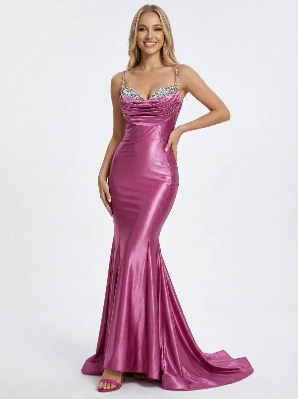 Sexy Spaghetti Straps Mermaid Beaded Long Satin Evening Prom Dresses with Trailing sold by ChicSew