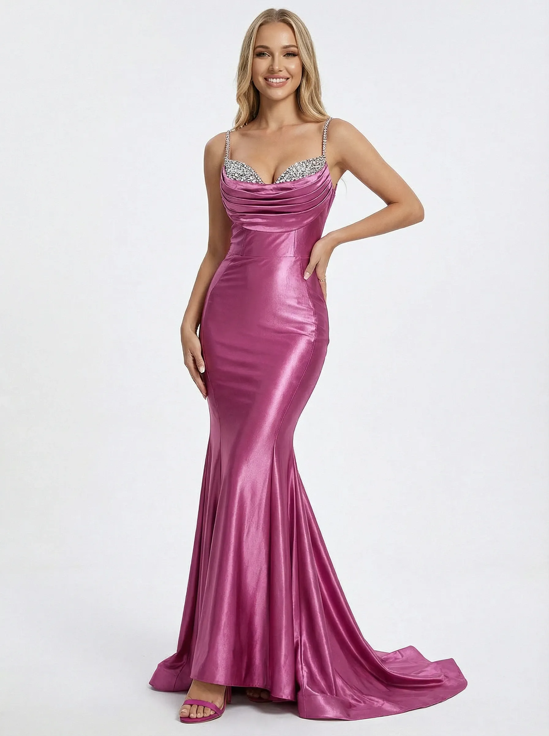 Sexy Spaghetti Straps Mermaid Beaded Long Satin Evening Prom Dresses with Trailing sold by ChicSew