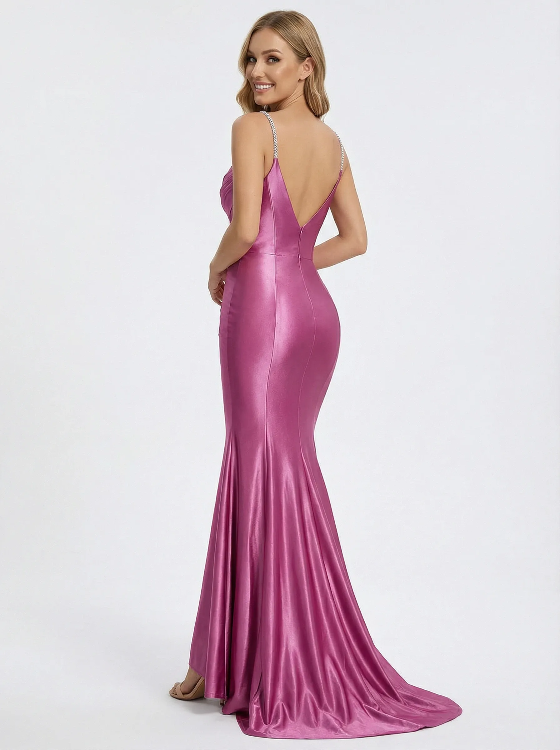 Sexy Spaghetti Straps Mermaid Beaded Long Satin Evening Prom Dresses with Trailing sold by ChicSew product image thumbnail 3