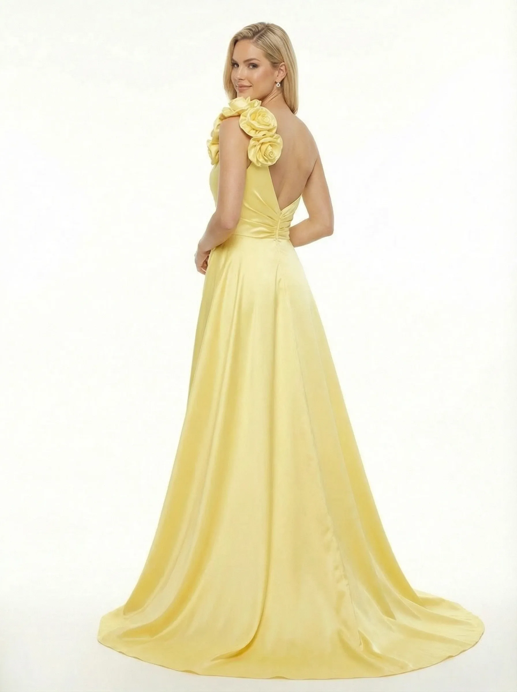 Elegant One Shoulder Mermaid Flowers Long Evening Satin Prom Dresses with Side Slit sold by ChicSew product image thumbnail 3