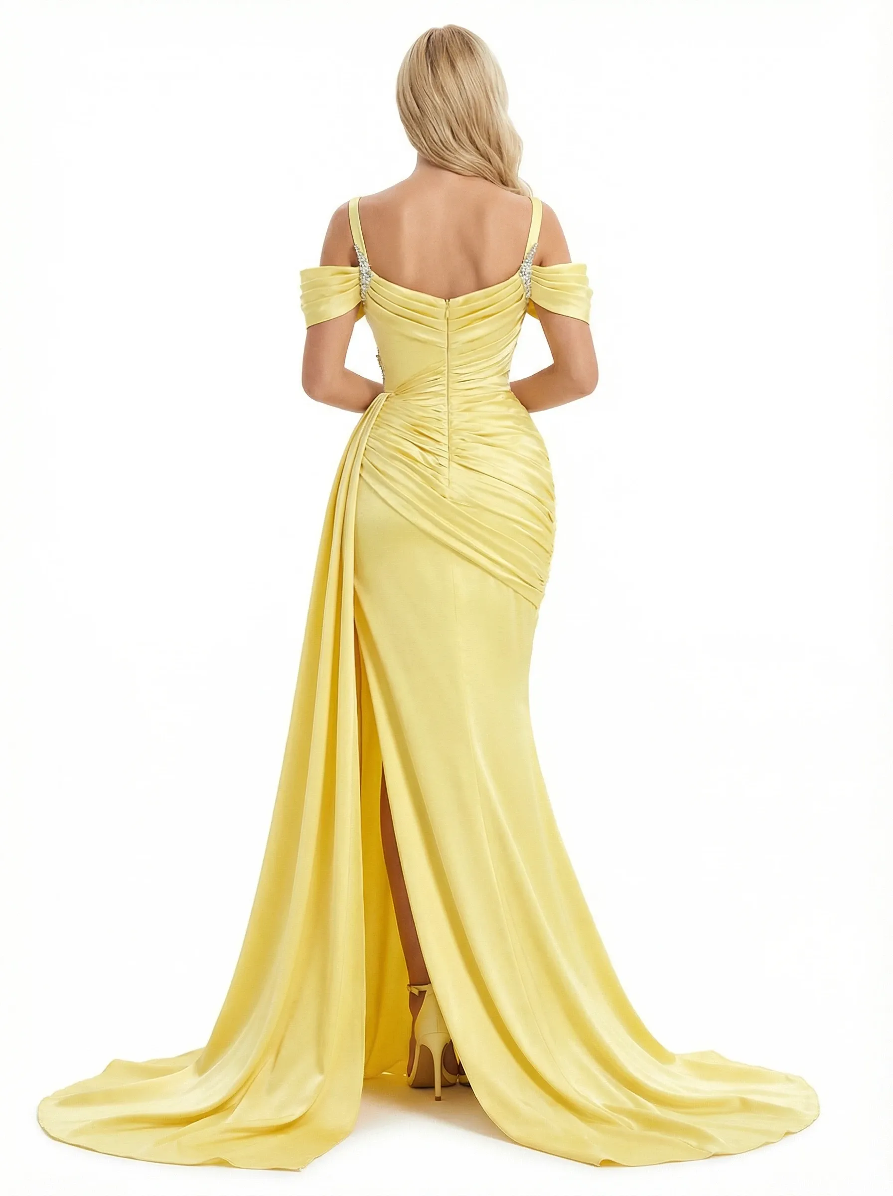 Elegant Cold Shoulder Mermaid Pleats Long Evening Satin Prom Dresses with Side Slit sold by ChicSew product image thumbnail 2