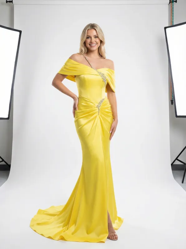 Elegant Off Shoulder Mermaid Beading Ruched Long Satin Evening Prom Dresses sold by ChicSew