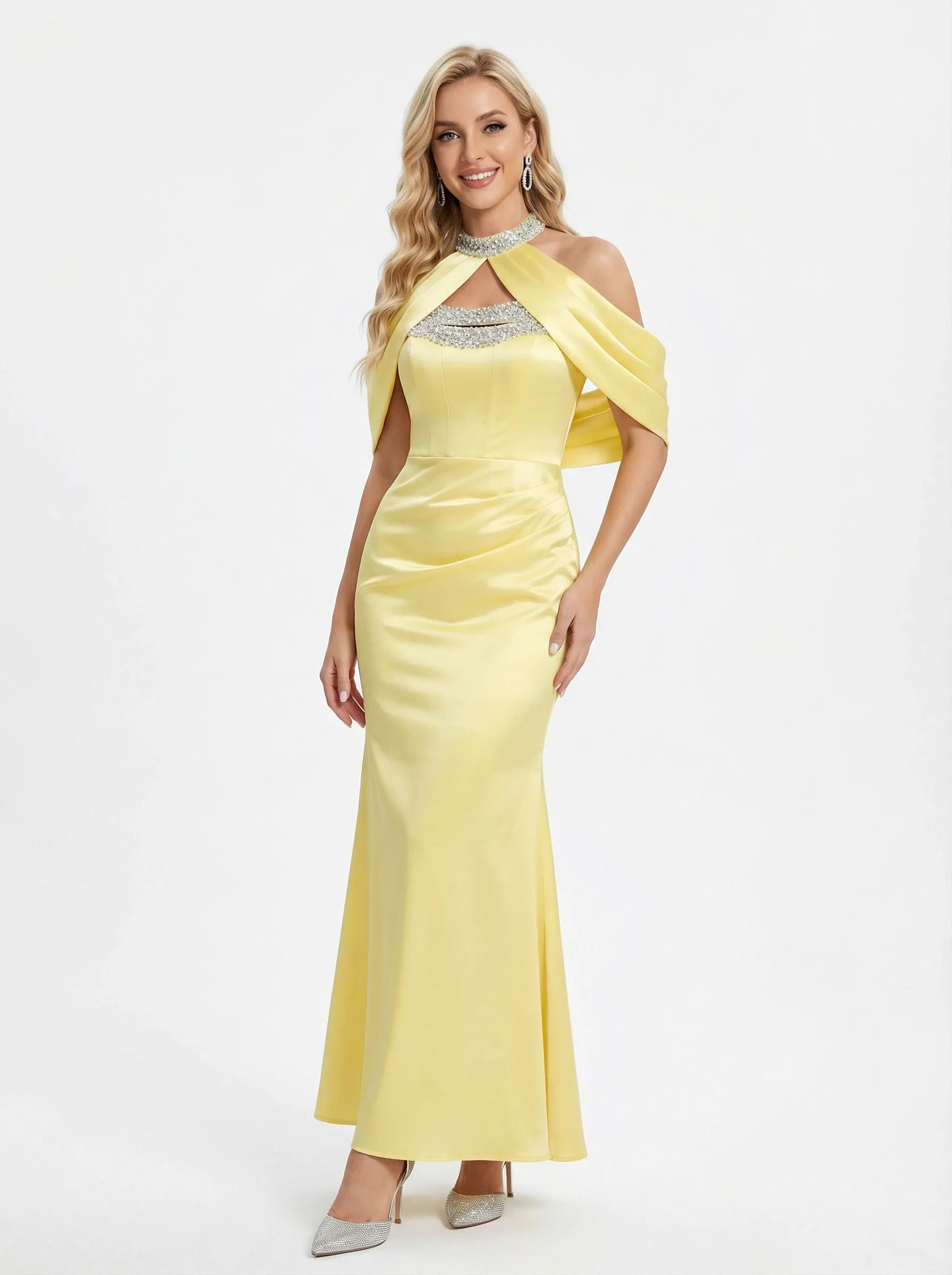 Sparkly Halter Mermaid Beading Ankle Length Long Satin Evening Prom Dresses sold by ChicSew