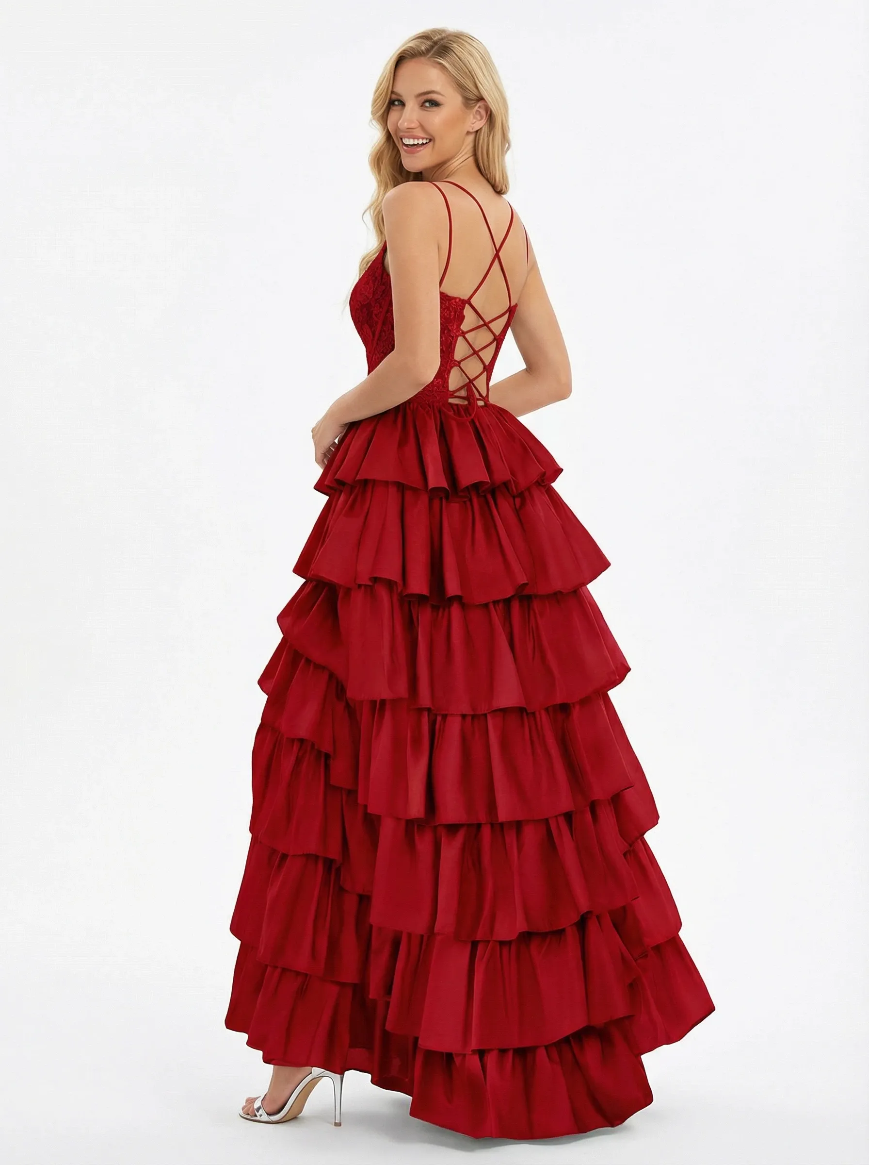 Sweet Spaghetti Straps V-neck A-line Side Slit Long Evening Prom Dresses with Ruffle sold by ChicSew product image thumbnail 2