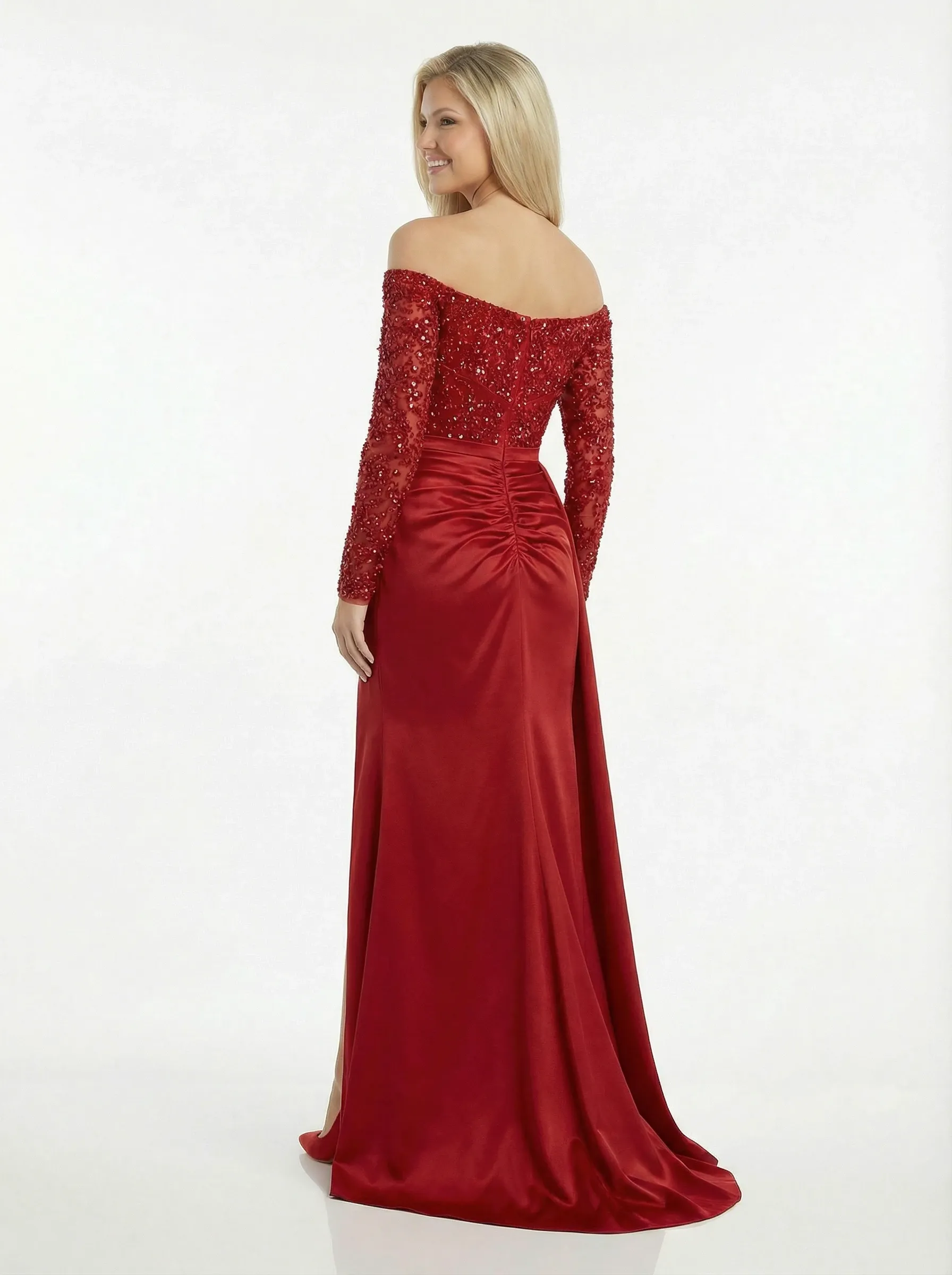 Glamorous Off Shoulder Long Sleeve Satin Mermaid Prom Dress Side Slit With Slit sold by ChicSew product image thumbnail 2