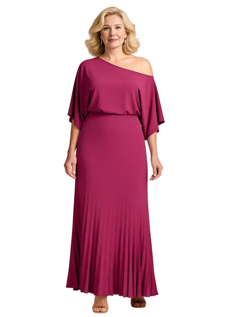Plus Size One Shoulder A-Line Pleated Chiffon Mother Of The Groom Dress With Flutter Sleeve sold by ChicSew