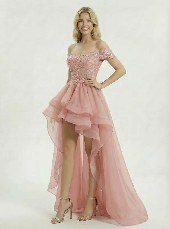 Elegant Off Shoulder Sweetheart Organza Prom Dress With High-Low Silhouette sold by ChicSew