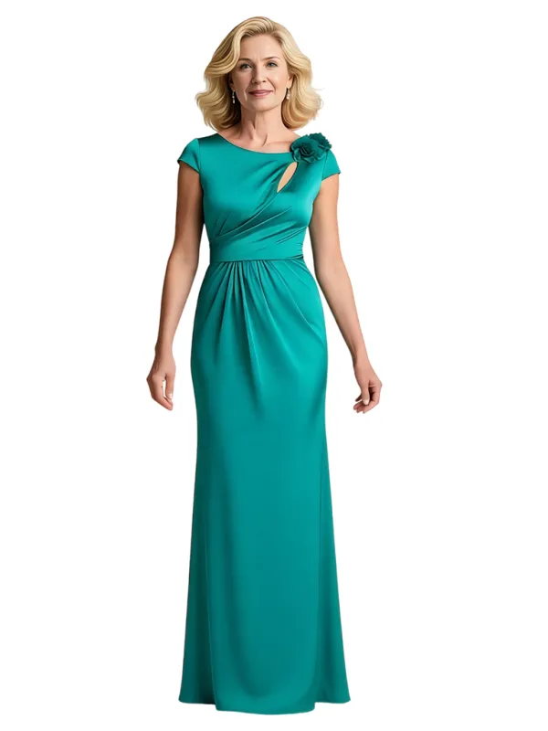Modern Cap Sleeve Satin Floor-Length Mother Of The Bride Dress With Floral Shoulder made by ChicSew