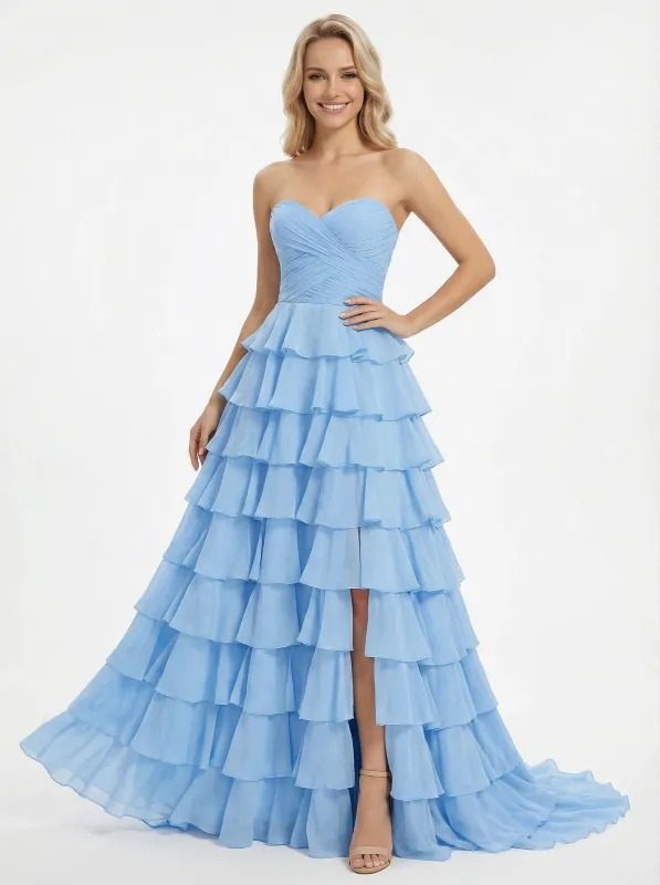 Fancy Sweetheart A-Line Tiered Chiffon Ball Gown with Crisscross Bodice and Side Slit sold by ChicSew