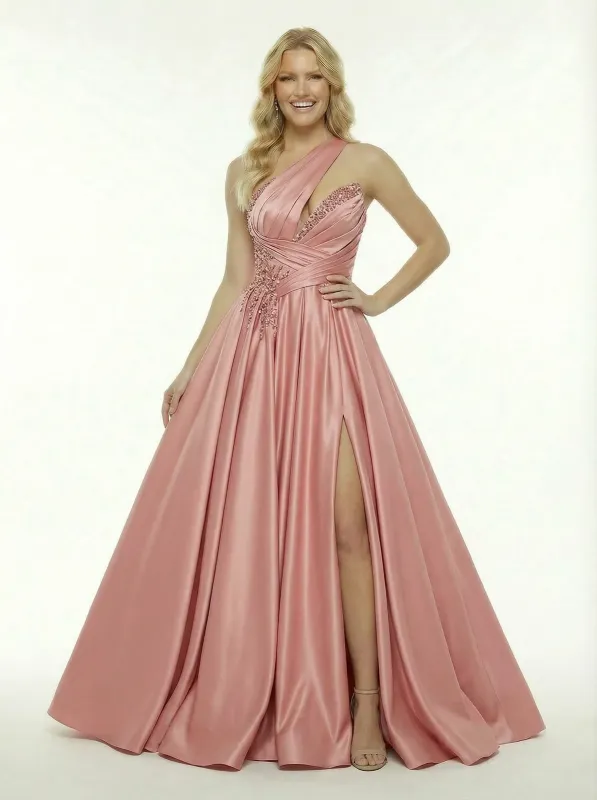 Chic One Shoulder Deep V-Neck Beaded Satin Prom Dress With A-Line Silhouette sold by ChicSew