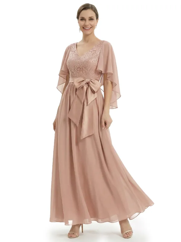 Elegant V-Neck Lace Chiffon A-Line Bow Knot Mother of The Bride Dresses sold by ChicSew