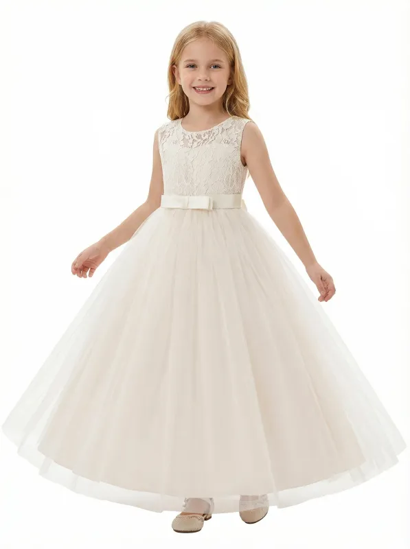 Round Neck Sleeveless A-Line Gown Delicate Lace Top & Tulle Skirt with Bow Belt for Special Occasions sold by ChicSew