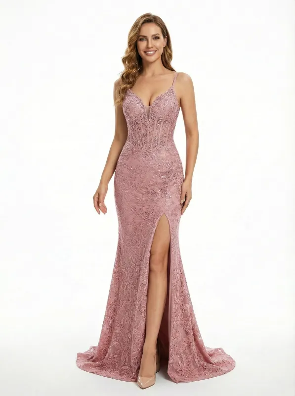 Glamorous Spaghetti Strap V-Neck Sequin Lace Side Slit Prom Dress With Lace Applique sold by ChicSew