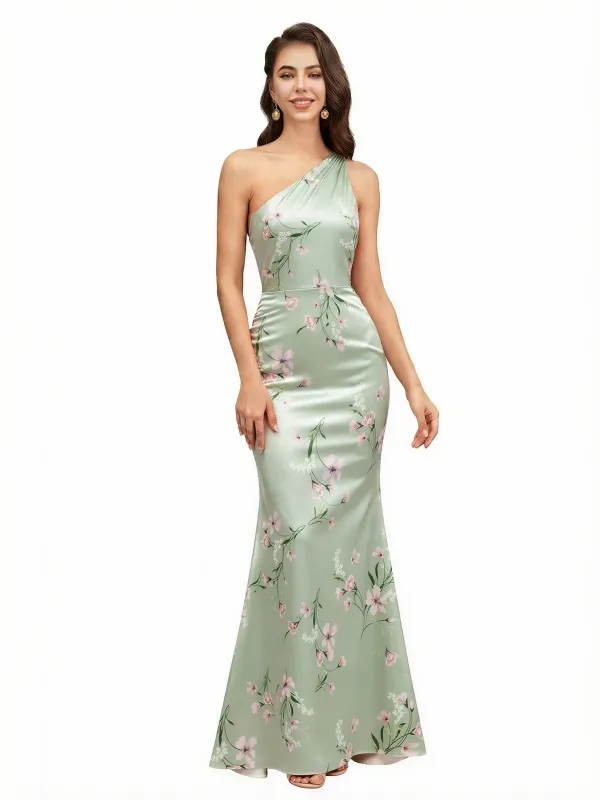 Elegant One Shoulder Mermaid Floral Satin Maxi Floral Formal Dresses For Women sold by ChicSew