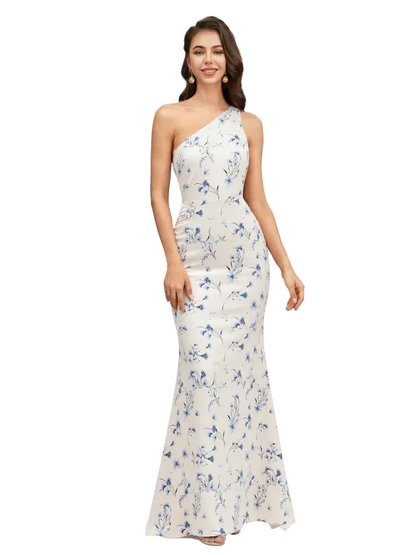 Elegant One Shoulder Mermaid Floral Satin Maxi Floral Formal Dresses For Women sold by ChicSew