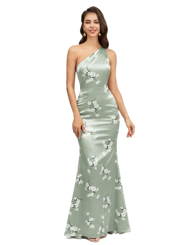 Elegant One Shoulder Mermaid Floral Satin Maxi Floral Formal Dresses For Women sold by ChicSew