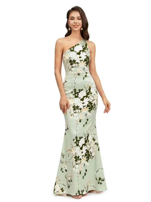 Elegant One Shoulder Mermaid Floral Satin Maxi Floral Formal Dresses For Women sold by ChicSew