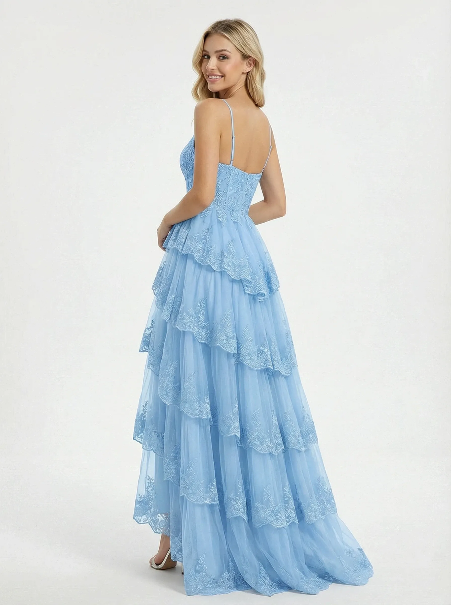 Unique Spaghetti Strap Ruffle A-Line Prom Dress with Lace Corset Bodice and Layered Tulle sold by ChicSew product image thumbnail 3