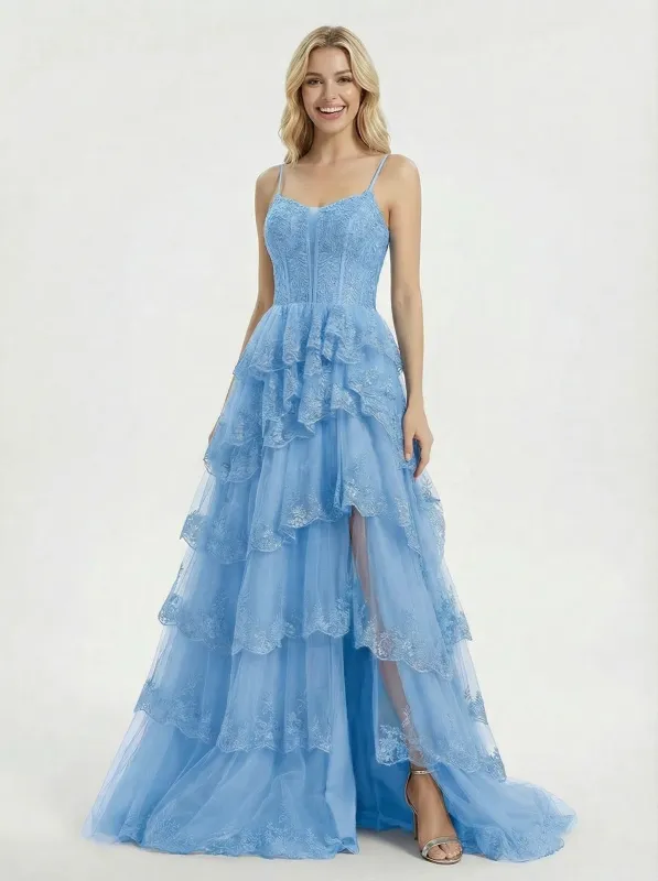 Unique Spaghetti Strap Ruffle A-Line Prom Dress with Lace Corset Bodice and Layered Tulle sold by ChicSew