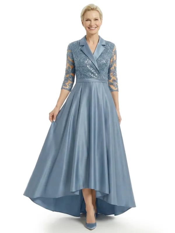 Timeless Scalloped V-Neck Lace Satin Mother of the Bride Gown With Sleeve sold by ChicSew