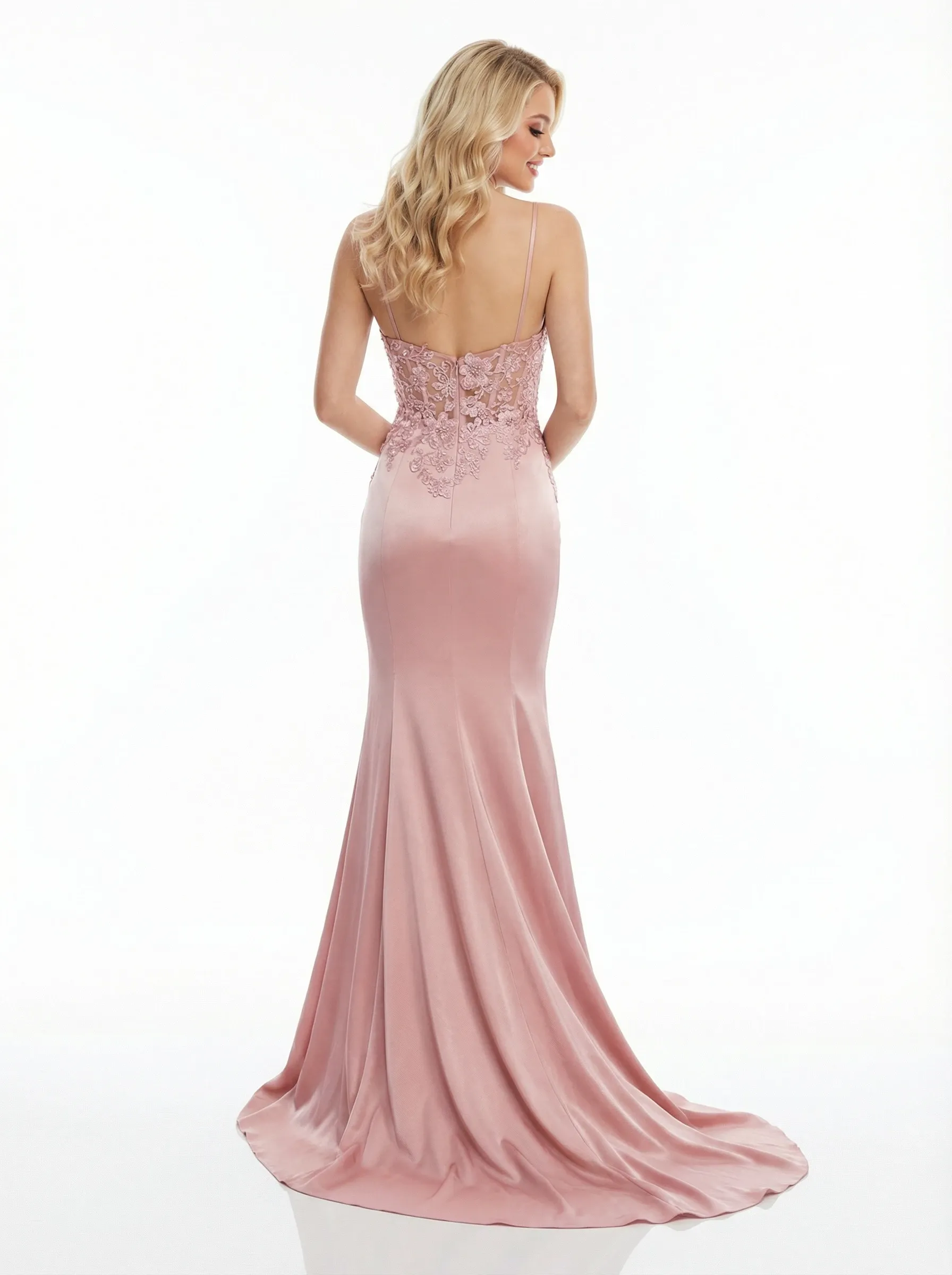 Chic Spaghetti Strap Deep V-Neck Satin Prom Dress with Lace Applique sold by ChicSew product image thumbnail 2