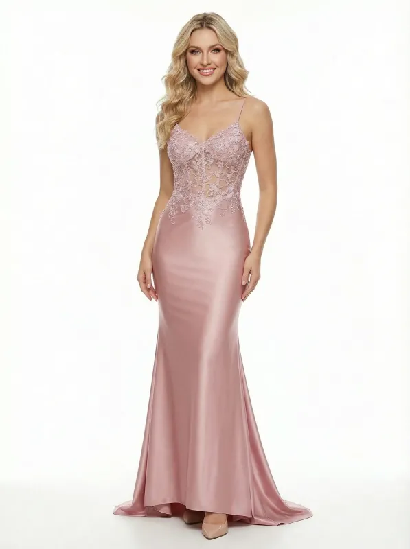 Chic Spaghetti Strap Deep V-Neck Satin Prom Dress with Lace Applique sold by ChicSew