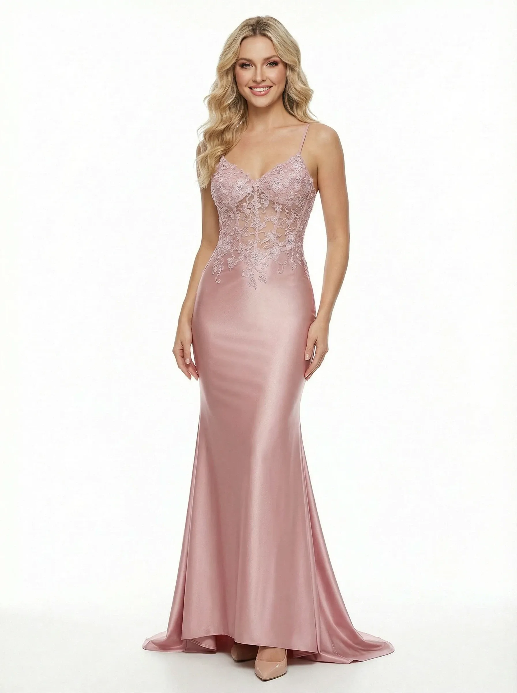 Chic Spaghetti Strap Deep V-Neck Satin Prom Dress with Lace Applique sold by ChicSew