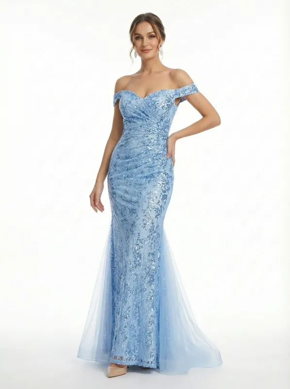 Elegant Off The Shoulder Mermaid Prom Gown with Ruched Lace and Sequined Sparkle sold by ChicSew