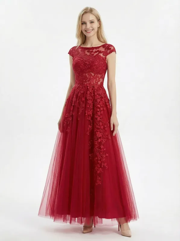 Classy Scoop A-Line Formal Dress with Floral Lace Embroidery and Tulle Skirt sold by ChicSew