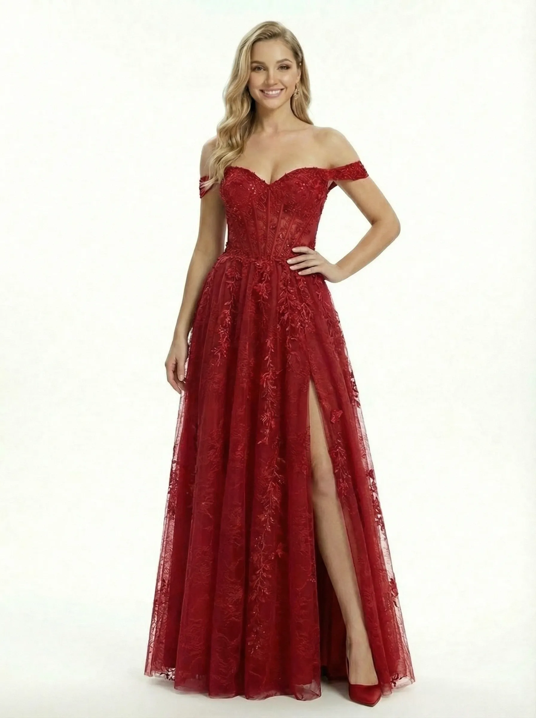 ChicSew Pretty Lace Applique Off the Shoulder A-Line Tulle Prom Party Gown sold by ChicSew