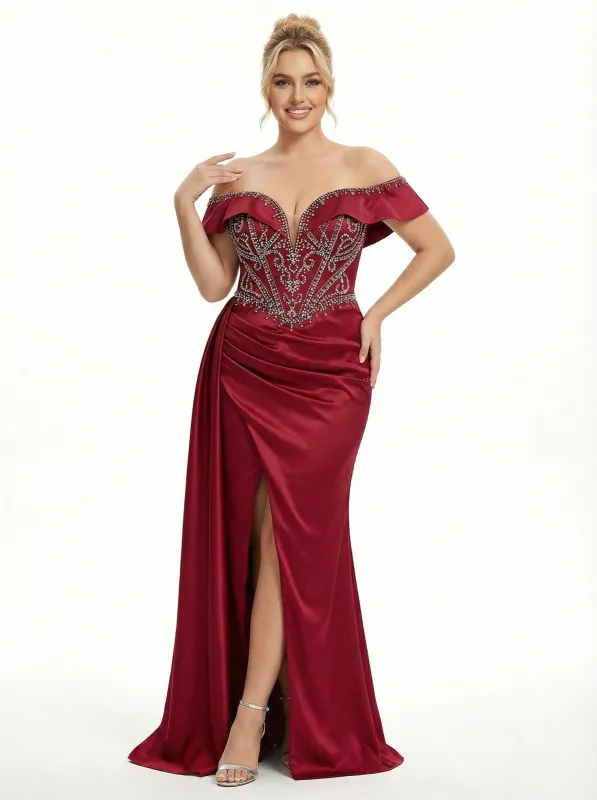 Stunning Off The Shoulder Beaded Satin Corset Prom Dress With Waist Drape sold by ChicSew