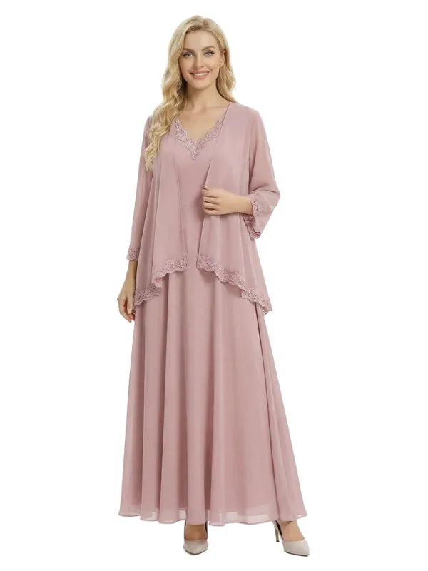 Modest V-Neck Chiffon Mother of the Bride Dress with Lace Trimmed Jacket sold by ChicSew